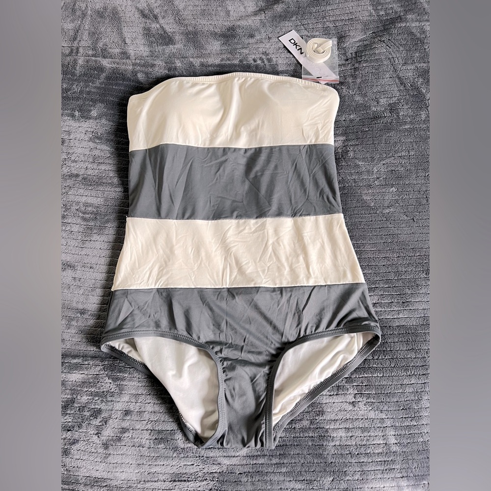 DKNY Tube Top One Piece swimsuit- Gray and Off White Stripes